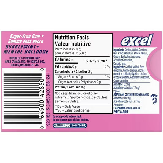 EXCEL Bubblemint Flavoured (Sugar Free) - Chewing Gum