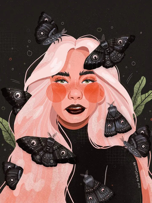 Mothra - Girl with Black Moths (Glossy Vinyl Sticker)