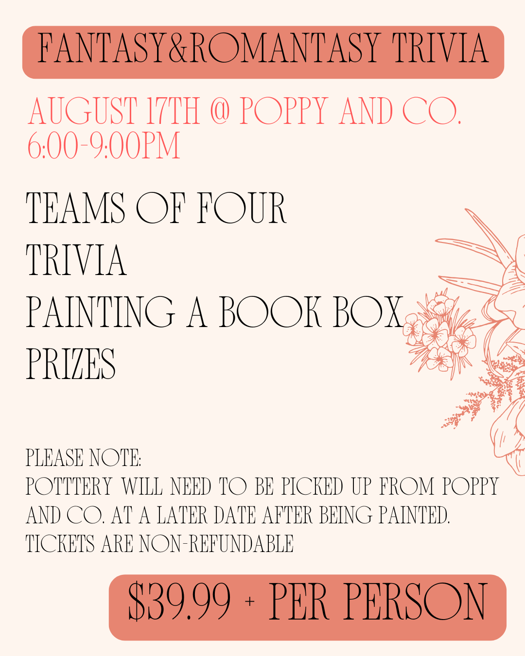 Romantasy Trivia & Book Box Pottery Painting at Poppy and Co Pottery Cafe - August 17th