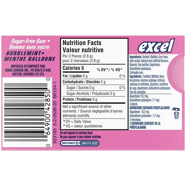 EXCEL Bubblemint Flavoured (Sugar Free) - Chewing Gum